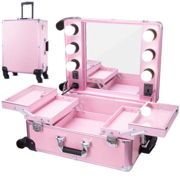 Rolling Makeup Train Case for Professional Artist with Lights and Mirror Pink